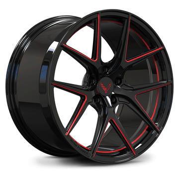 Custom forged monoblock wheels in black with red accents, designed for 2022 Corvette C8 Z51 and aftermarket applications.